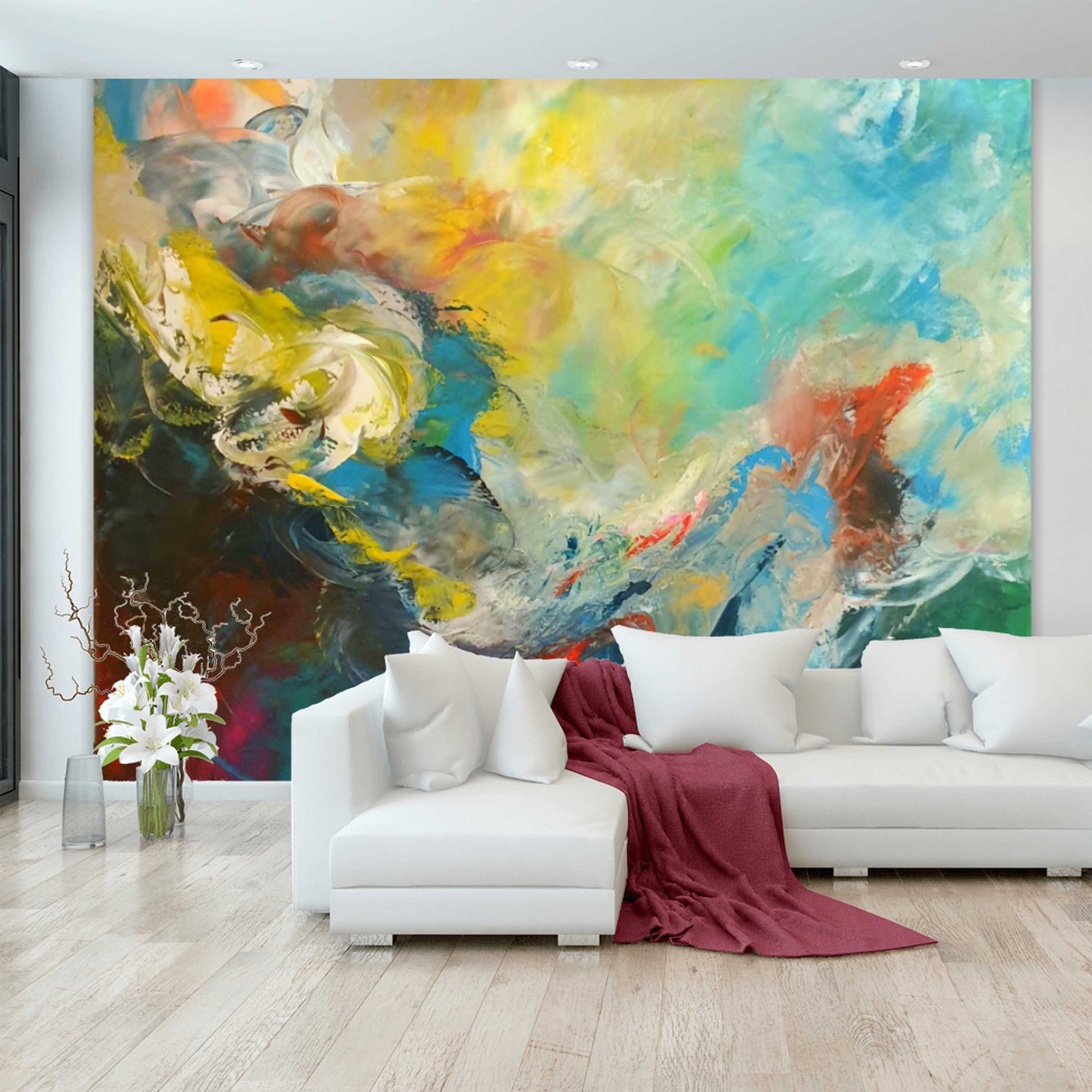 Visualisierung Wandteppich FORREST GUMP als Ausschnitt des Originalbildes an Wand hinter weißem Sofa 250 x 200 cm