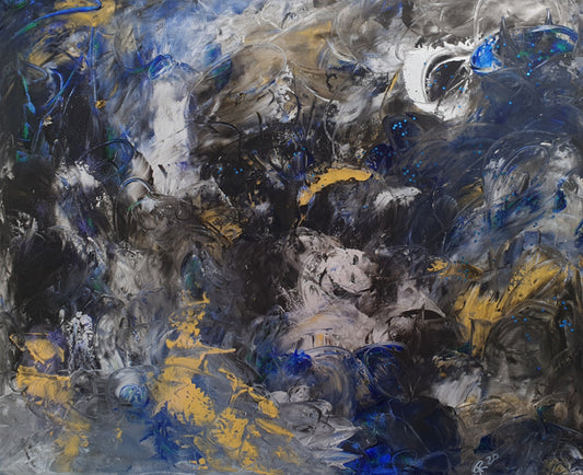 Abstraktes Bild "FFEL" Größe: 100 x 80 x 4cm , mystische Energien in Kobalt-Blau, Schwarz, weiß und Gold