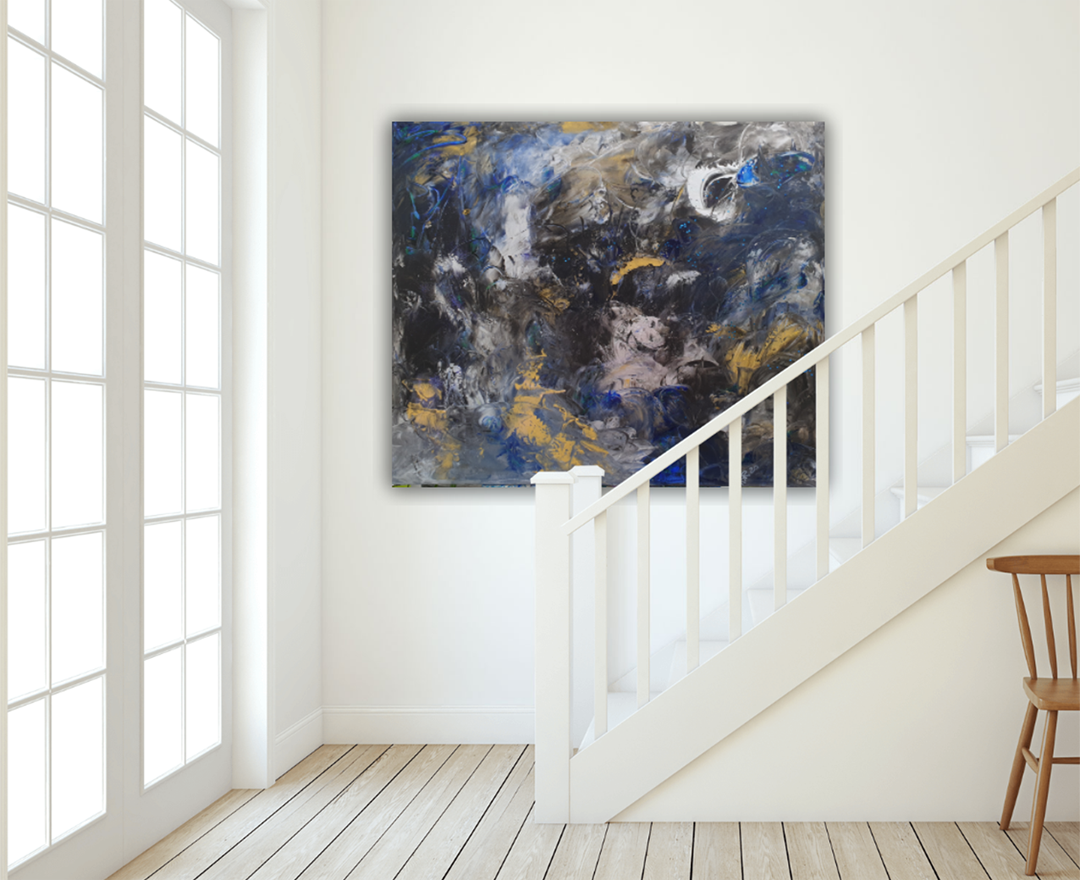 Abstraktes Bild "FEEL"  hängt in Wand im Treppenhaus