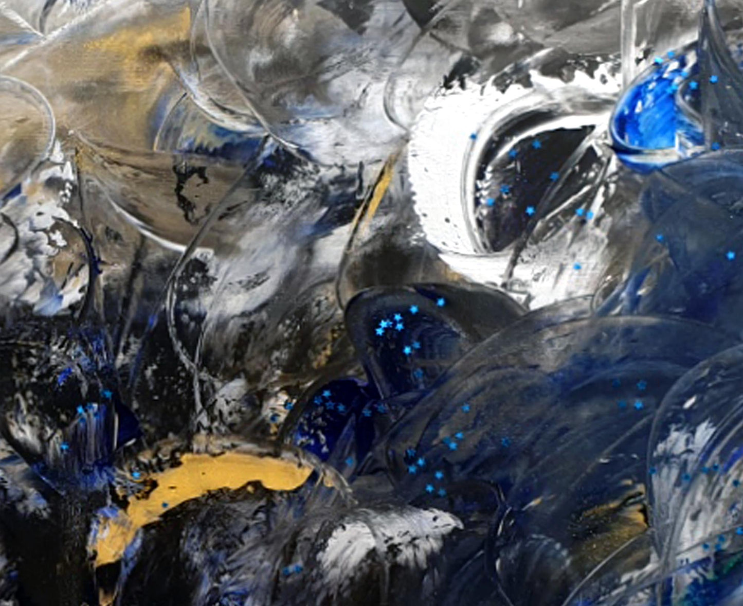 Detail abstraktes Bild "FEEL" Acryl auf Leinwand, kobalt- blau, schwarz, gold