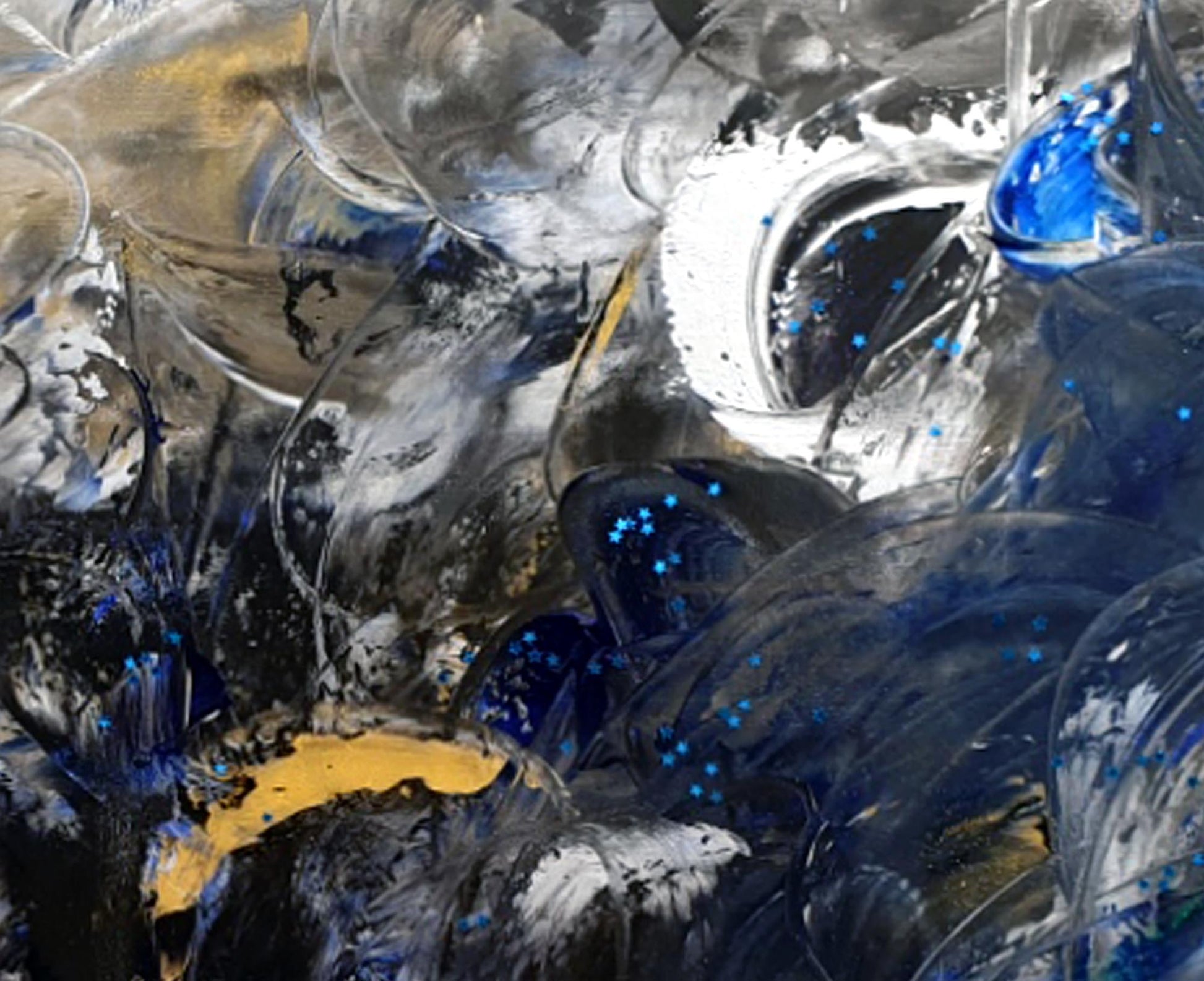 Detail abstraktes Bild "FEEL" Acryl auf Leinwand, kobalt- blau, schwarz, gold